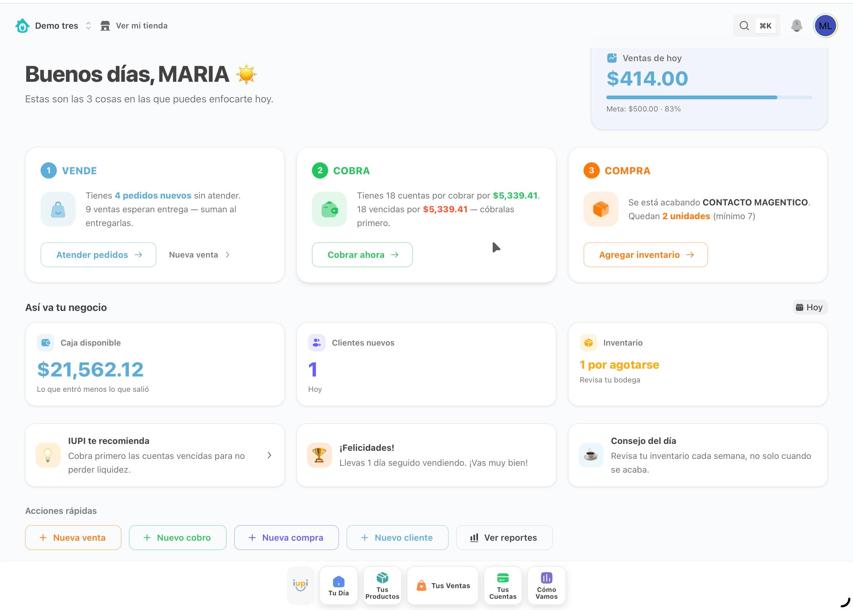 La pantalla Tu Día de iupi, con las ventas del día y lo que hay que atender